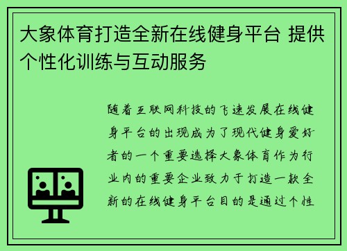 大象体育打造全新在线健身平台 提供个性化训练与互动服务